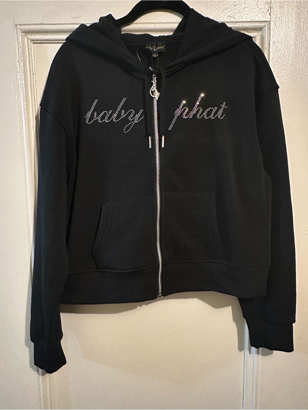 NWT Baby Phat Black Rhinestone Logo Zip-Up Hoodie Junior Size Large.